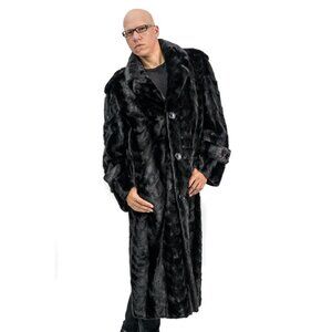 Winter Fur Luxury Mens 4XL Black Mink Full Length Coat with Full Fox Skin Collar